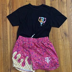 Black T-Shirt and Pink Athletic Shorts Set